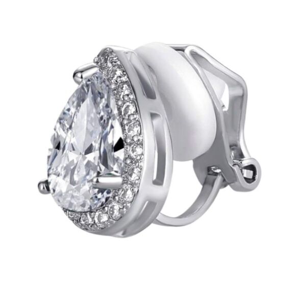 Silver with White Diamond Cubic Zirconia Teardrop Stud Clip On Earrings - Picture 2 of 5